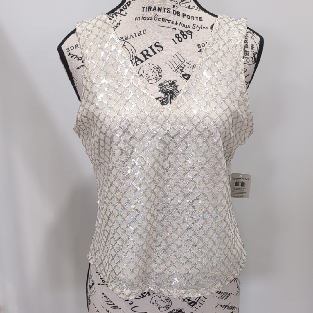 TAMARA H. | Women's Cream/Silver Sequined Mesh Lined Reversable Neck Tank Top